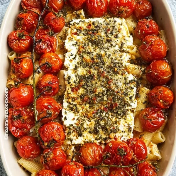 Delicious baked feta pasta topped with fresh basil and cherry tomatoes