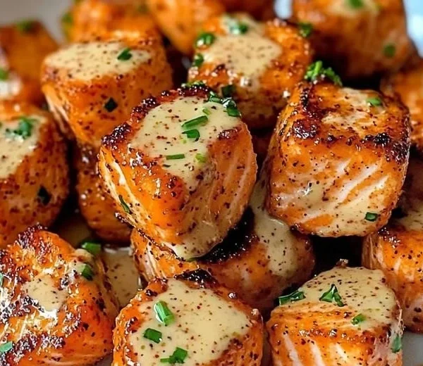 Bang Bang Salmon Bites served on a plate, garnished with sauce and herbs.