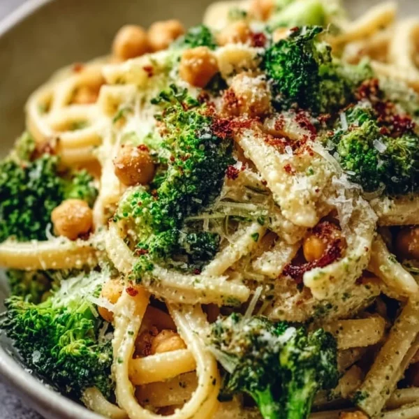 Broccoli Chickpea Pasta drizzled with garlic olive oil served in a bowl