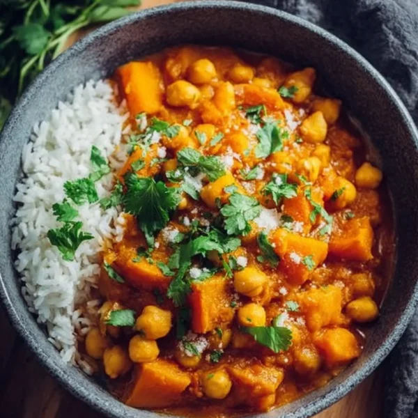 Delicious butternut squash and chickpea curry served in a bowl.