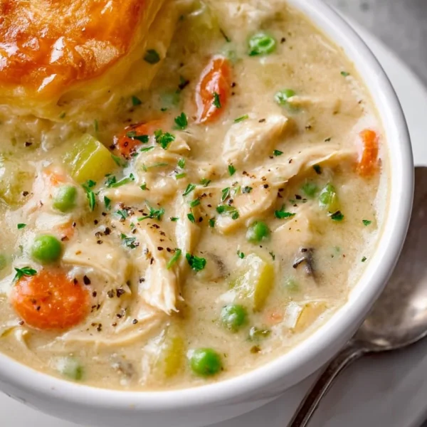 Delicious Chicken Pot Pie Soup in a bowl, topped with herbs and flaky pastry crust.