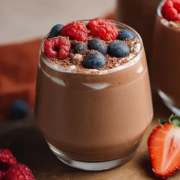 Bowl of delicious Chocolate Protein Pudding topped with berries