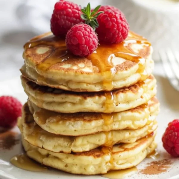 Stack of fluffy cottage cheese pancakes topped with fresh fruits and syrup