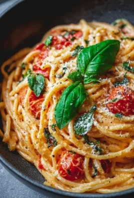 Creamy basil tomato pasta garnished with fresh basil leaves and tomatoes