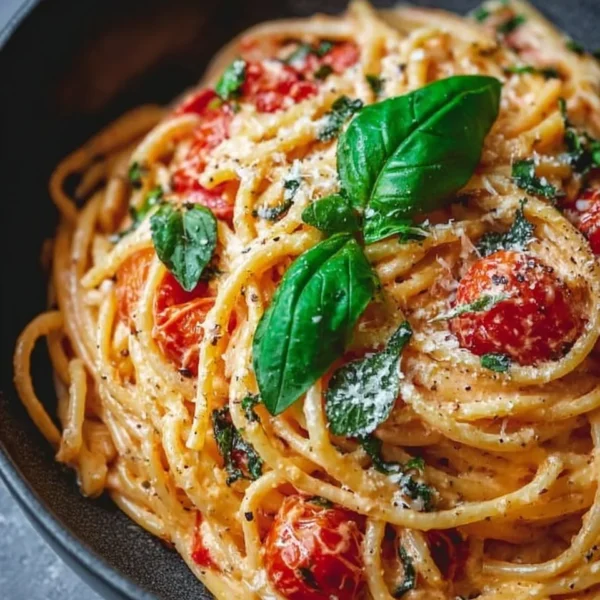 Creamy basil tomato pasta garnished with fresh basil leaves and tomatoes
