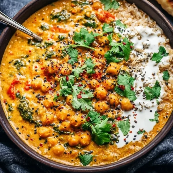 Bowl of creamy coconut chickpea curry with vibrant vegetables and herbs
