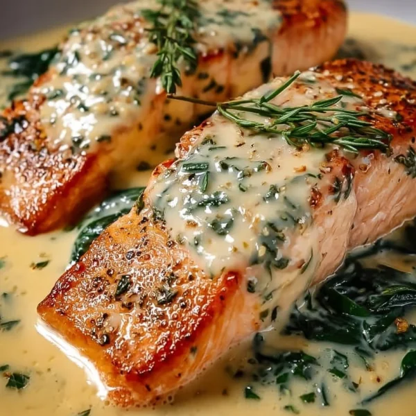 Creamy garlic butter salmon served with herbs and lemon
