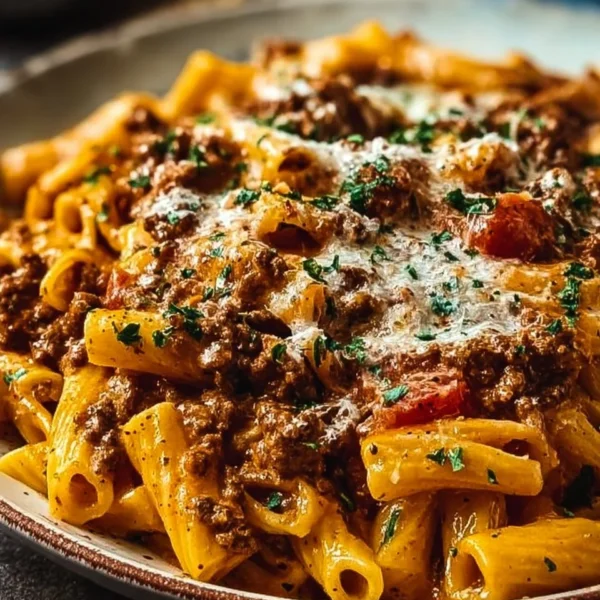 Creamy high protein beef pasta dish garnished with herbs.