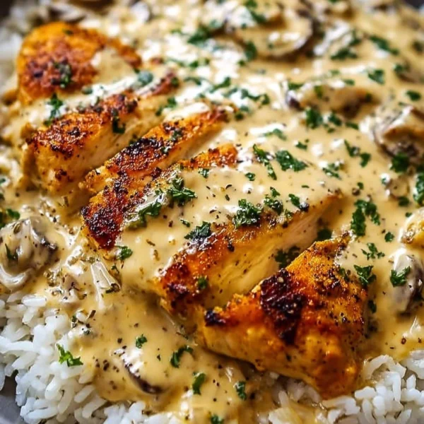 Delicious creamy smothered chicken served over rice with savory sauce