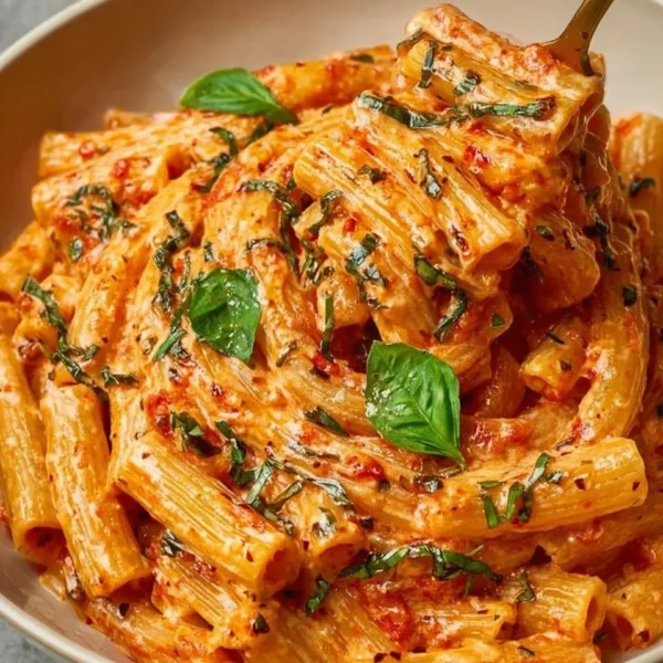 Creamy tomato garlic pasta garnished with fresh herbs and parmesan cheese