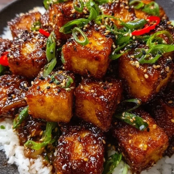 Crispy honey garlic tofu garnished with green onions and sesame seeds.