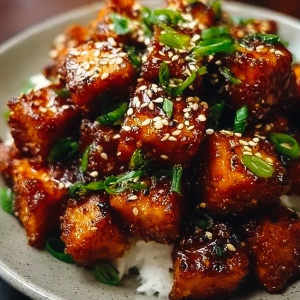 Delicious crispy honey garlic tofu served on a plate with garnish.