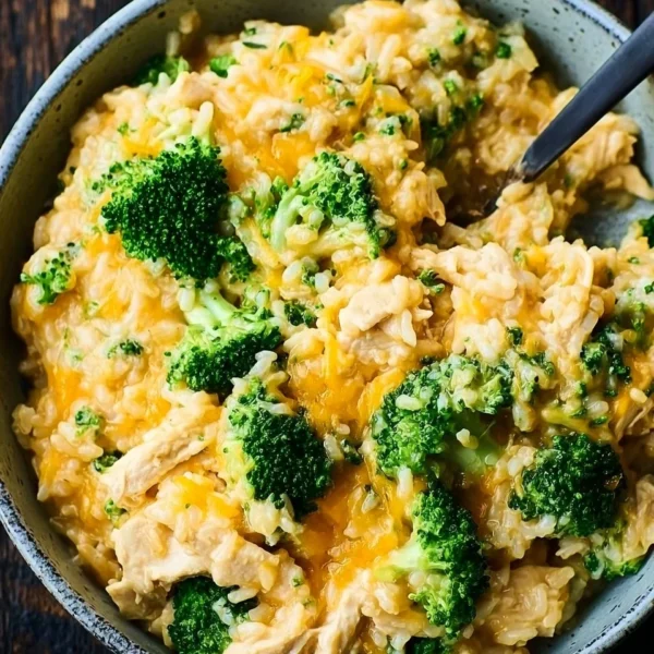 Crockpot Cheesy Chicken Broccoli Rice in a bowl