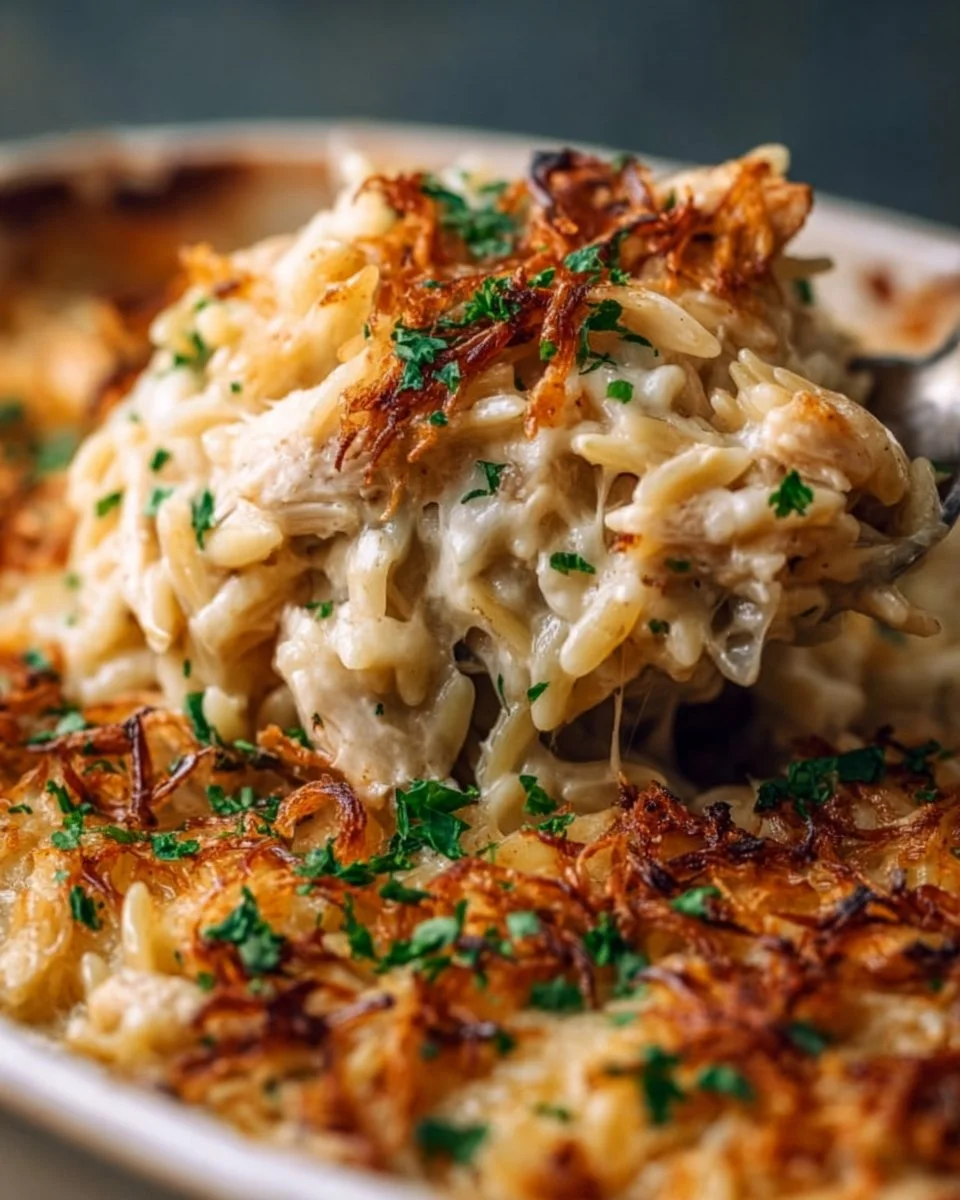 French Onion Chicken Orzo Casserole