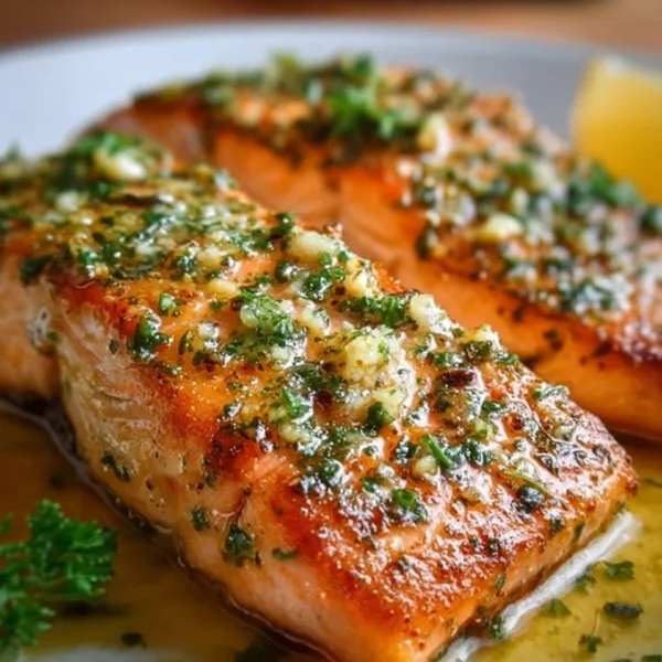 Delicious Garlic Butter Salmon served with herbs and lemon slices