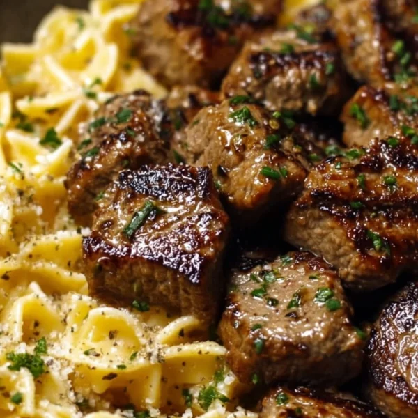 Garlic butter steak bites served with creamy parmesan pasta on a plate