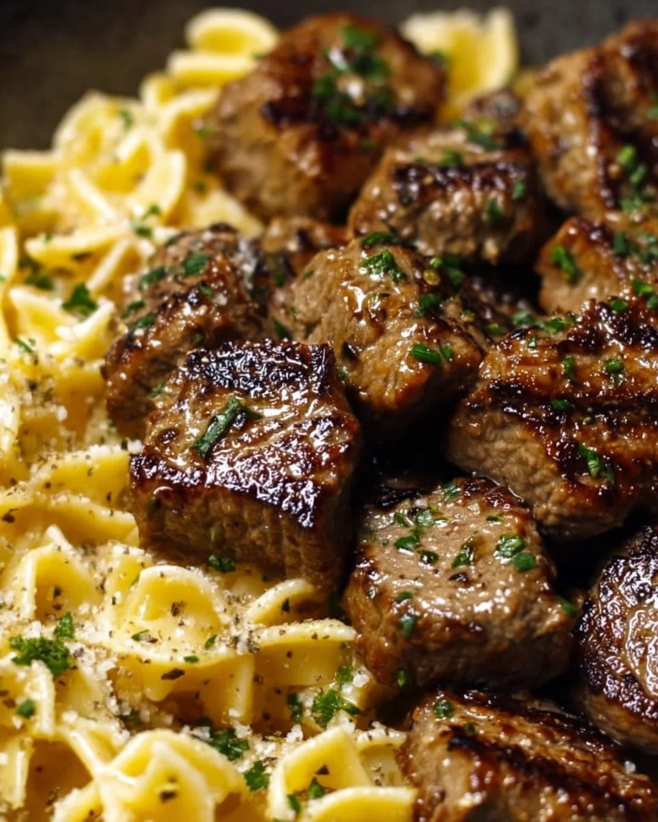 Garlic Butter Steak Bites with Creamy Parmesan Pasta