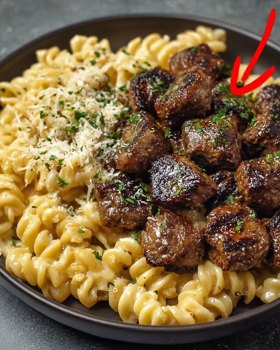 Garlic Butter Steak Bites with Creamy Parmesan Pasta