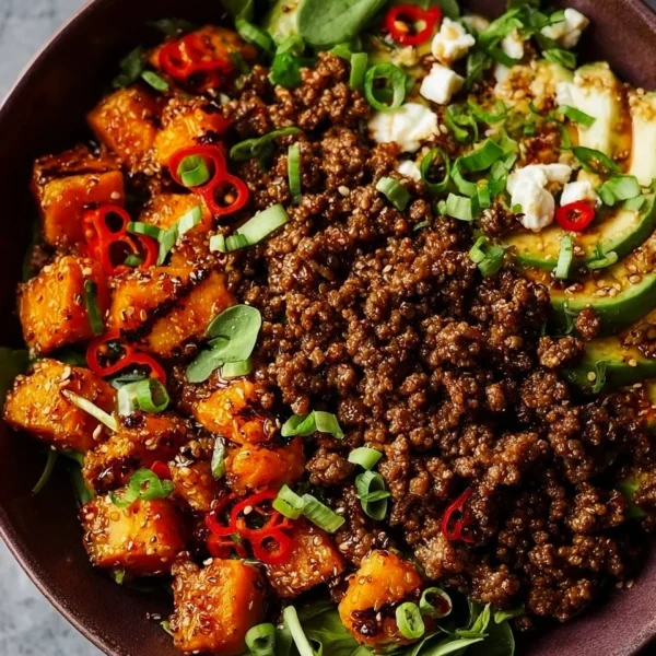 Delicious Ground Beef Hot Honey Bowl with vibrant ingredients and spices.