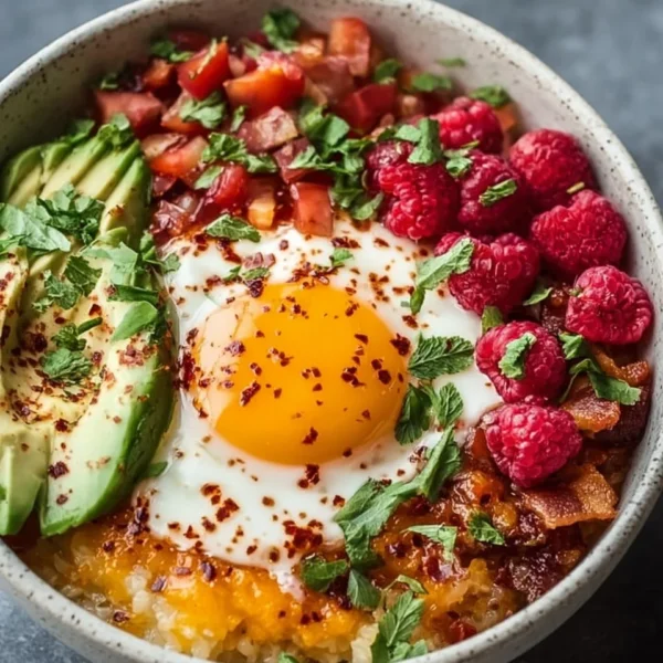 Delicious high protein breakfast bowl with eggs, quinoa, and fresh vegetables
