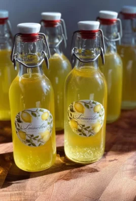 A bottle of homemade limoncello with fresh lemons and herbs on a wooden table.