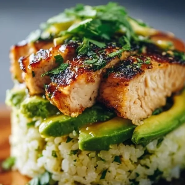 Honey Lime Chicken served with avocado rice in a meal prep stack