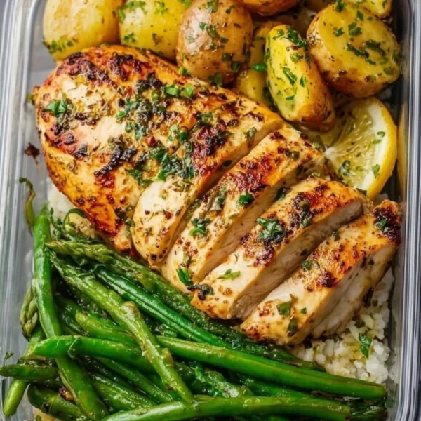 Lemon Garlic Chicken meal prep featuring juicy chicken and vibrant garnishes.