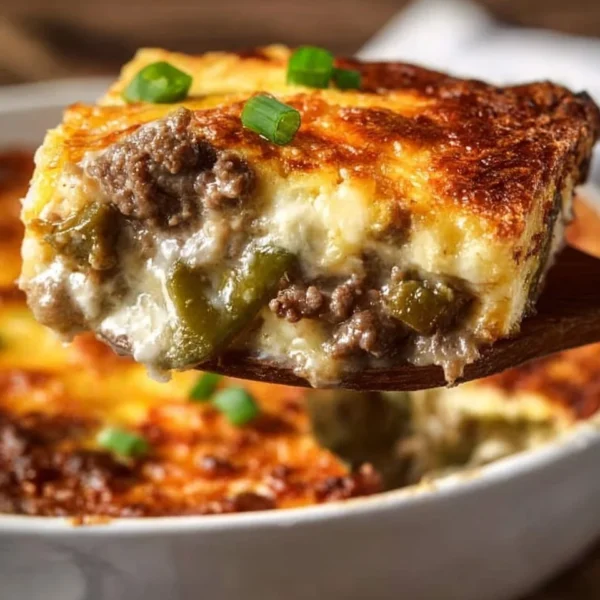 Low Carb Philly Cheesesteak Casserole with cheese and peppers in a baking dish