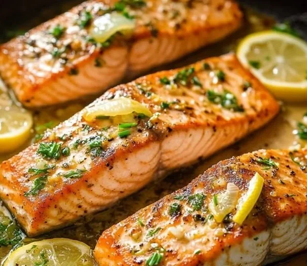 One-Pan Lemon Garlic Salmon with herbs and vegetables on a plate