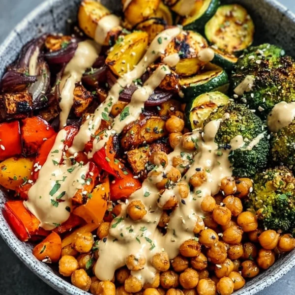 Roasted Veggie Chickpea Bowls with Maple Dijon Tahini Dressing on a plate