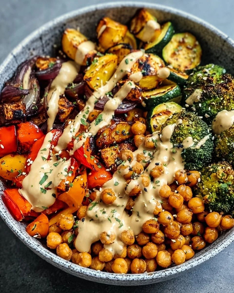 Roasted Veggie Chickpea Bowls with Maple Dijon Tahini Dressing