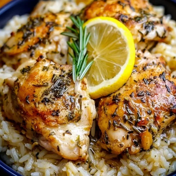 Slow cooker lemon herb chicken served with fluffy rice and herbs