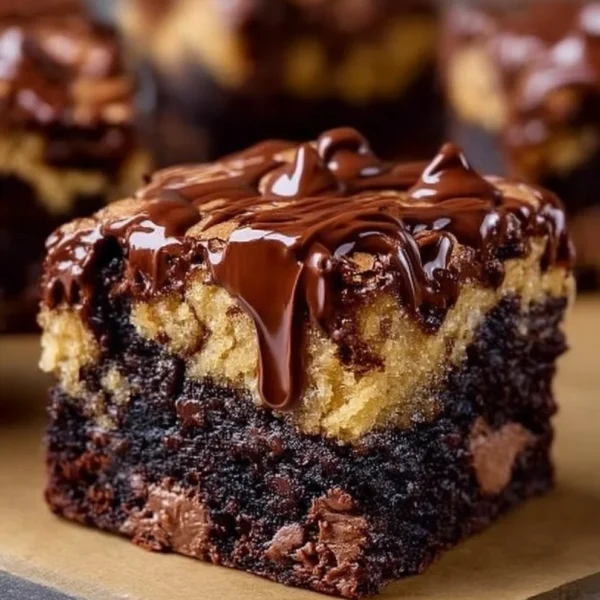 Sourdough brown butter brookies with chocolate drizzle on a rustic plate