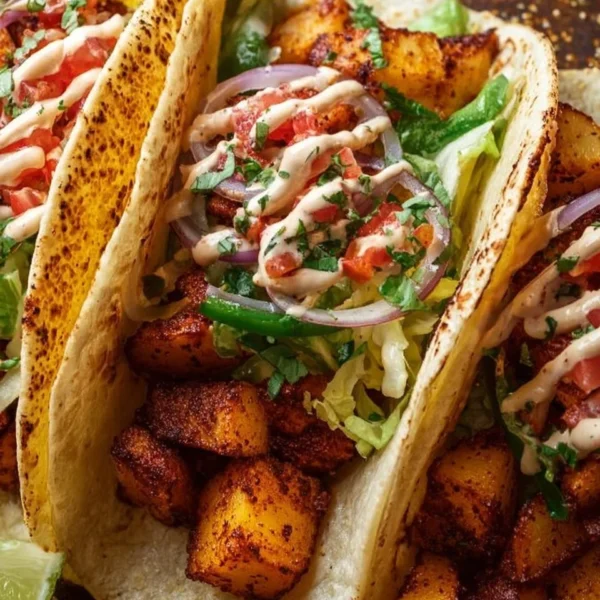 Delicious spicy potato soft taco served with fresh toppings
