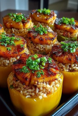 Teriyaki chicken and pineapple stuffed peppers served with rice.