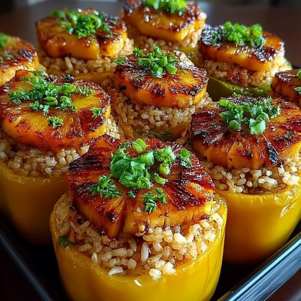 Teriyaki chicken and pineapple stuffed peppers served with rice.