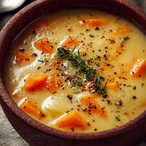 Bowl of creamy Vegan Potato Soup topped with fresh herbs.