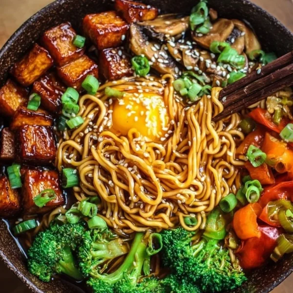 Delicious Vegan Teriyaki Noodle Bowl with fresh veggies and teriyaki sauce