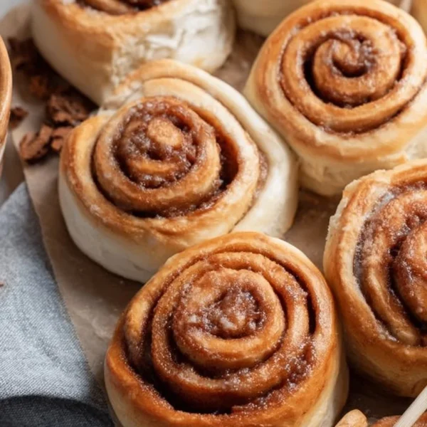 Delicious homemade sourdough cinnamon rolls on a wooden table.