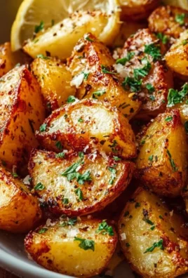 Crispy lemon Greek potatoes served on a plate, garnished with herbs.