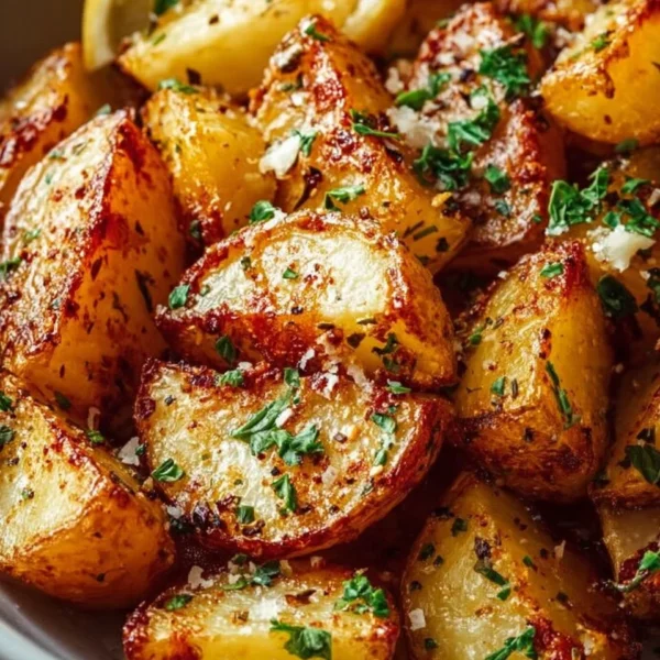 Crispy lemon Greek potatoes served on a plate, garnished with herbs.