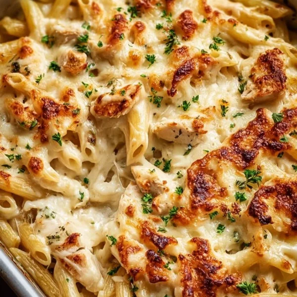 Baked Chicken Alfredo Pasta served in a creamy sauce with chicken and pasta