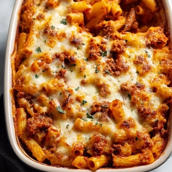 Delicious baked ziti without ricotta, topped with melted cheese and fresh herbs.