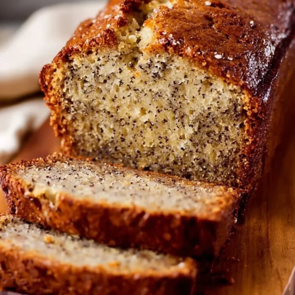 Loaf of moist banana bread on a wooden cutting board with bananas