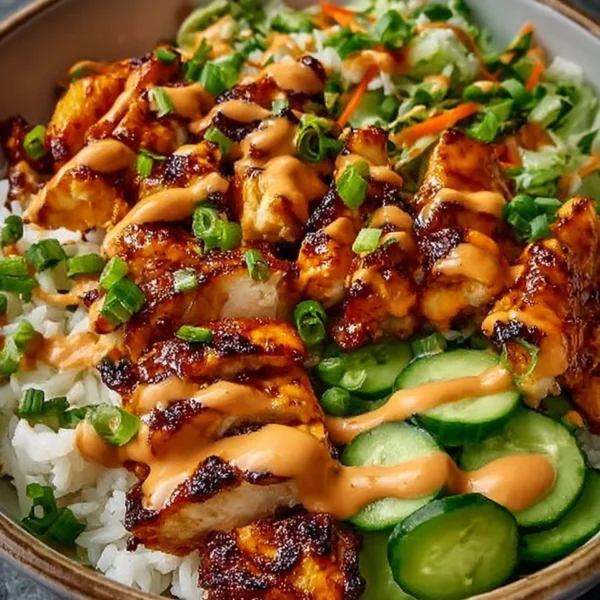 Delicious Bang Bang Chicken Bowl with colorful vegetables and creamy sauce