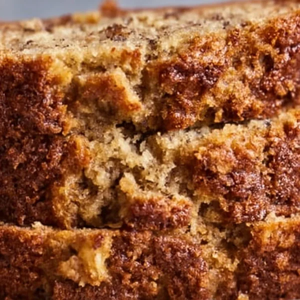 Sliced banana bread on a wooden cutting board with bananas and nuts