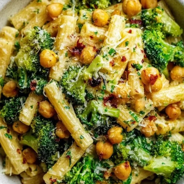 Bowl of broccoli chickpea pasta with garlic olive oil and vegetables