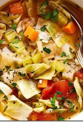 Healthy cabbage soup in a bowl with vegetables and herbs garnish