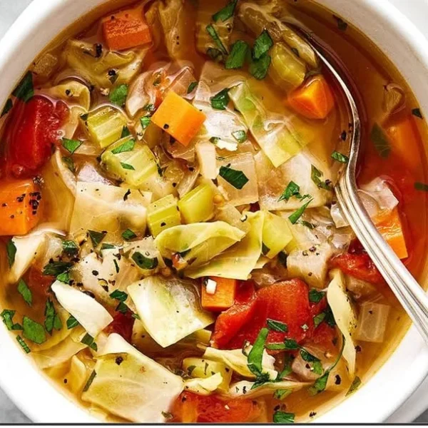 Healthy cabbage soup in a bowl with vegetables and herbs garnish