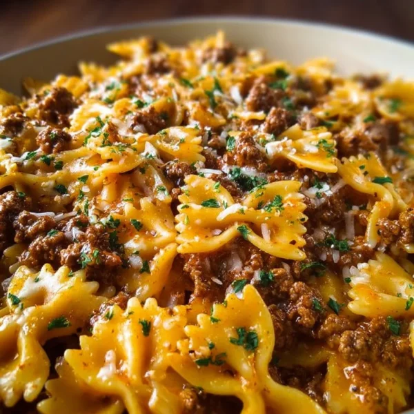 Cajun Cream Cheese Alfredo Bowties topped with spiced ground beef and herbs